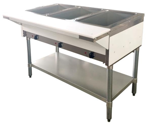44-INCH ELECTRIC STEAM TABLE WITH 3 PAN SIZE TRAY, CUTTING BOARD AND UNDER-SHELF